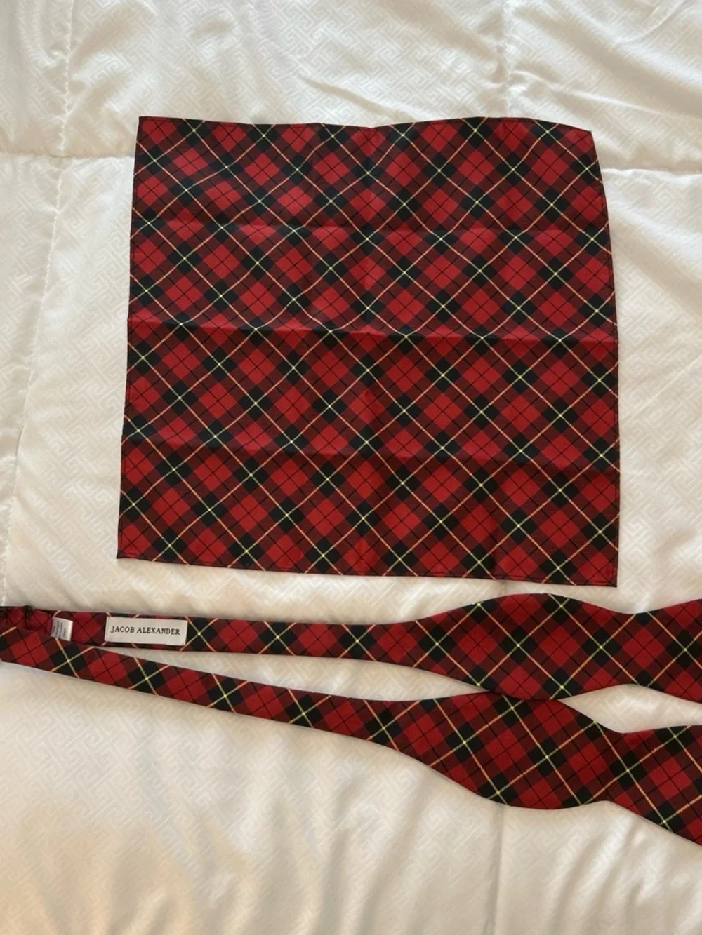 Men's Red Plaid Self-Tie Bow Tie with Matching Pocket Square